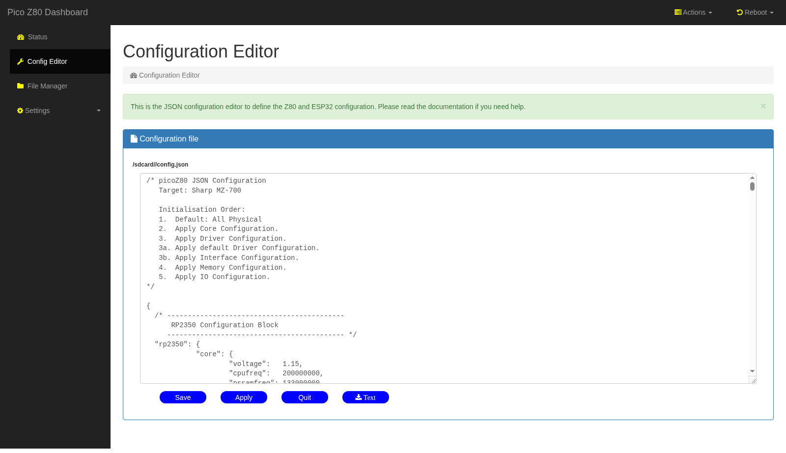 picoZ80 Web Interface — Config Editor