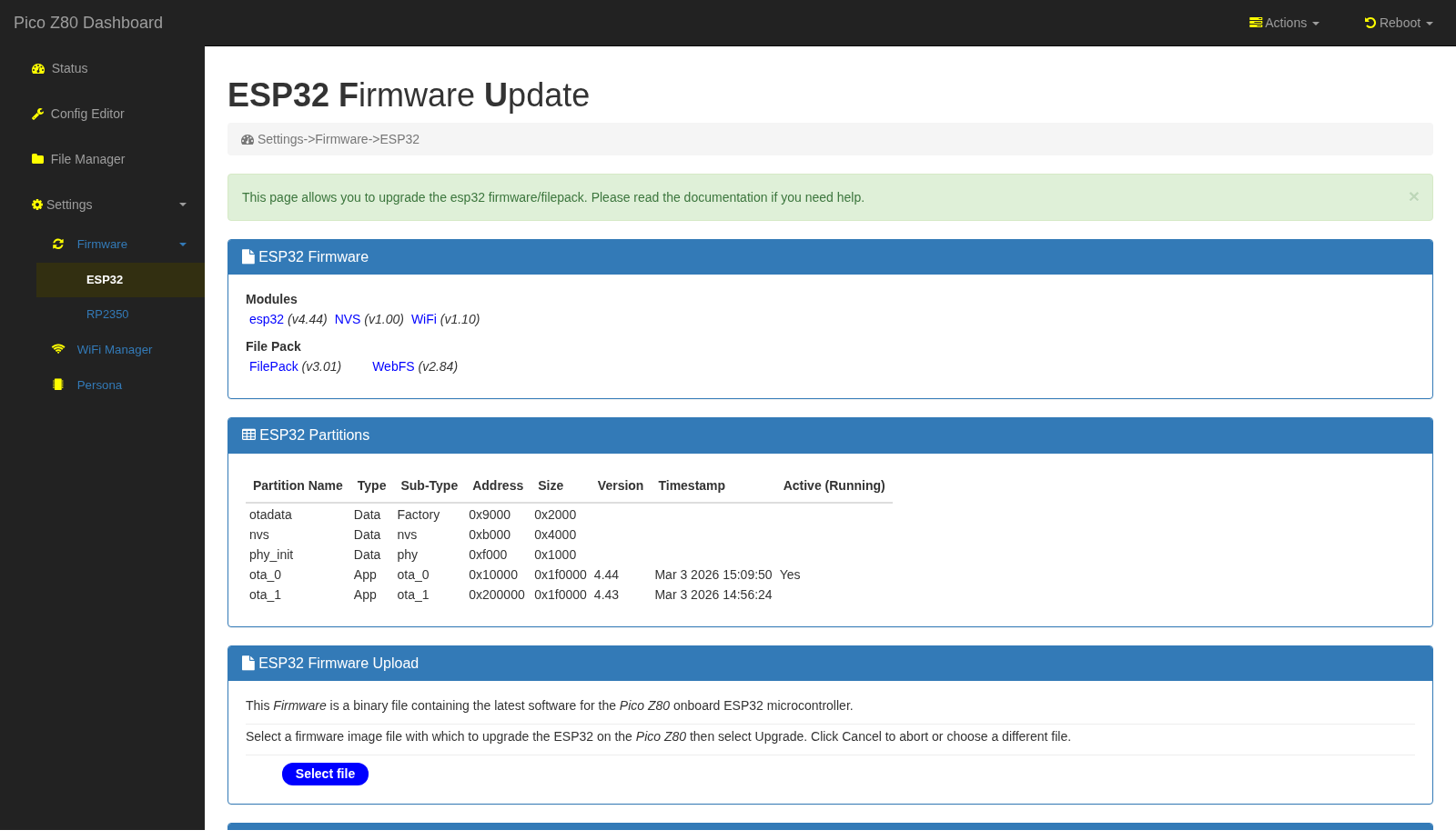 picoZ80 Web Interface — ESP32 Firmware Update