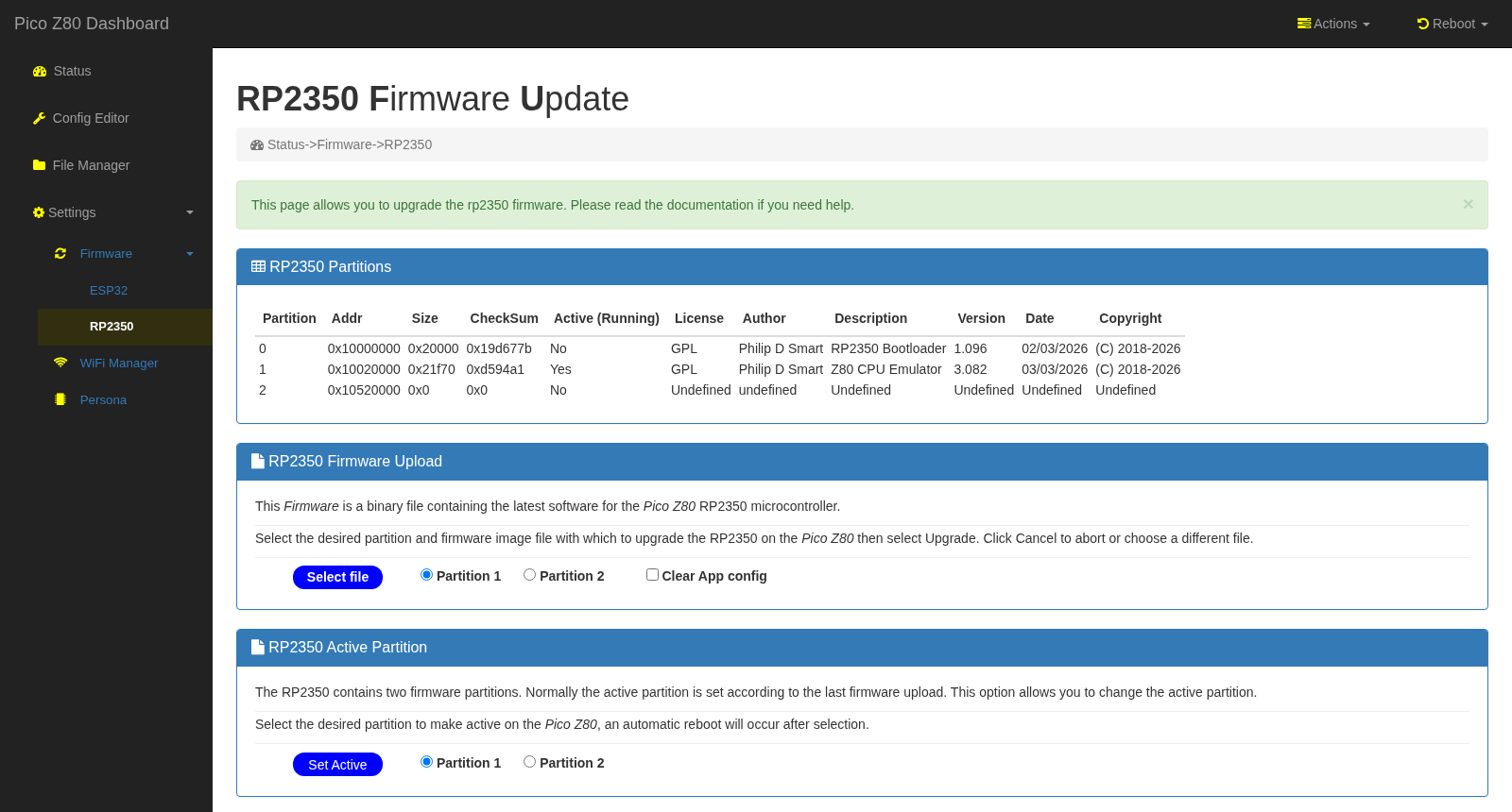 picoZ80 Web Interface — RP2350 Firmware Update