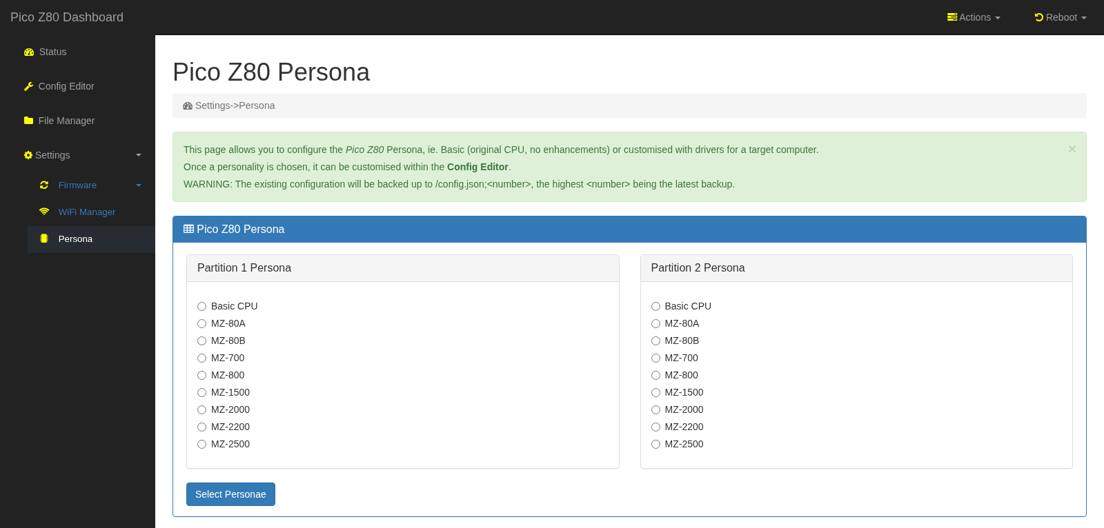 picoZ80 Web Interface — Persona Selection