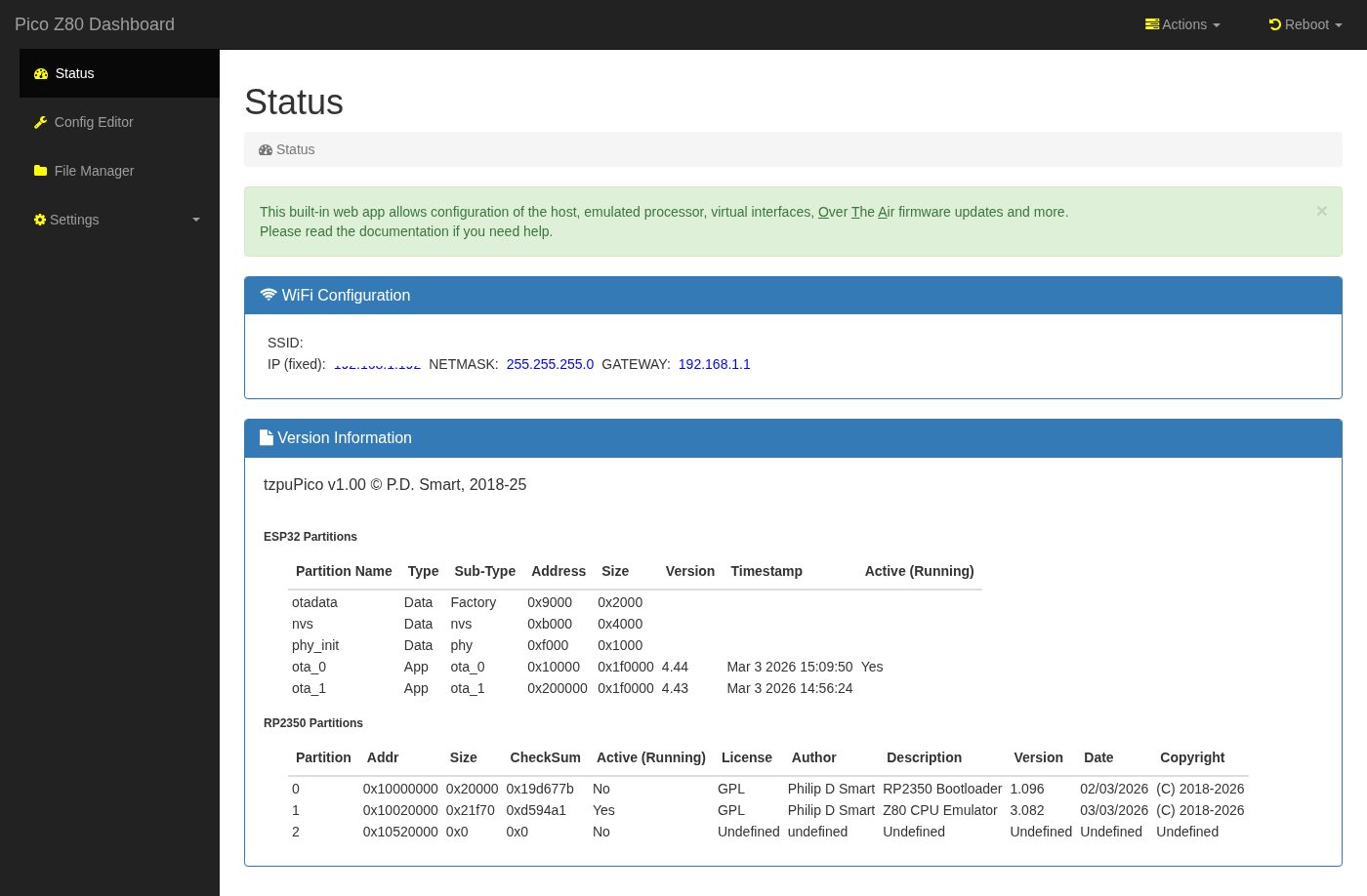 picoZ80 Web Interface — Status Dashboard