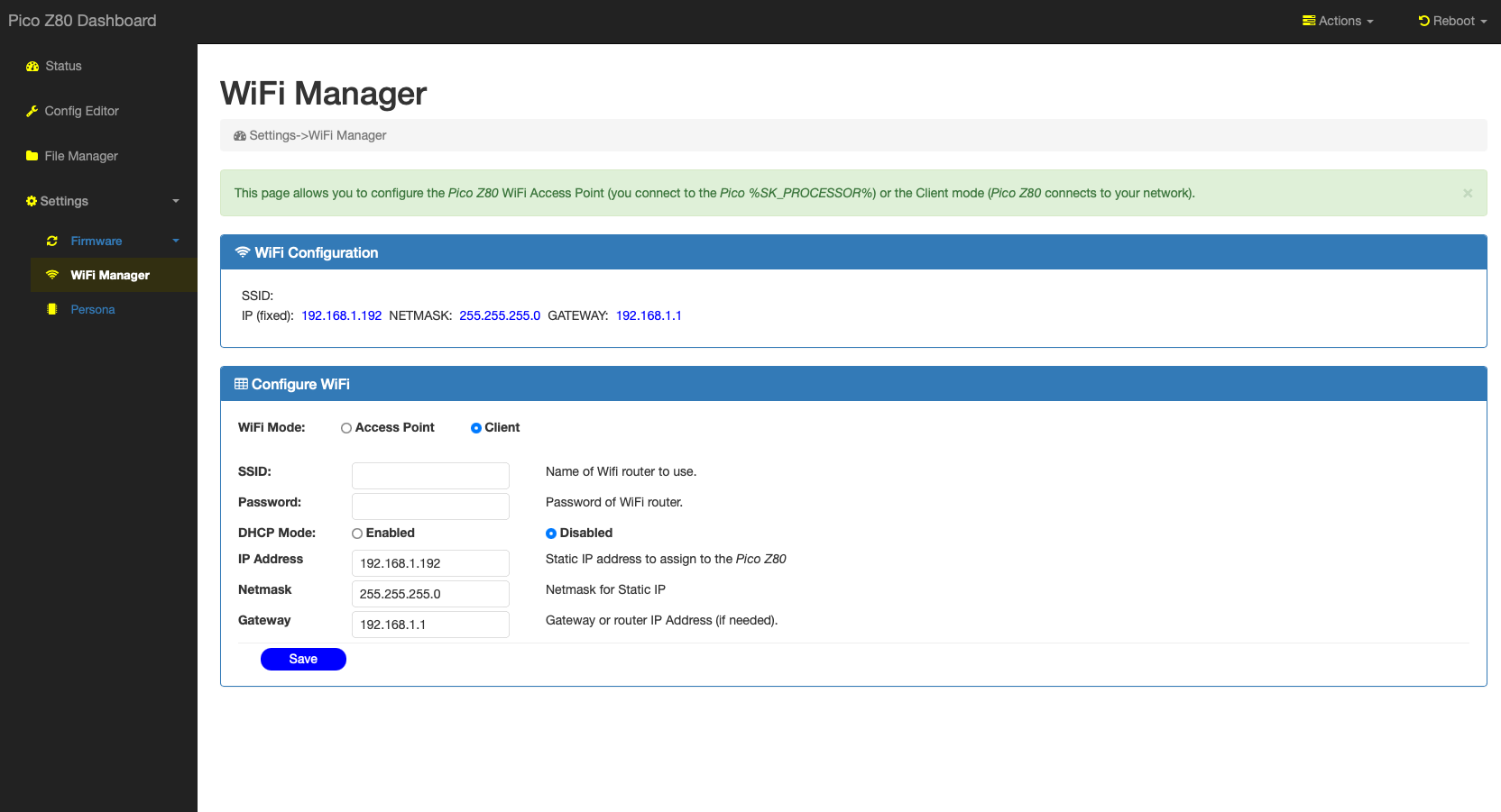 picoZ80 Web Interface — WiFi Manager